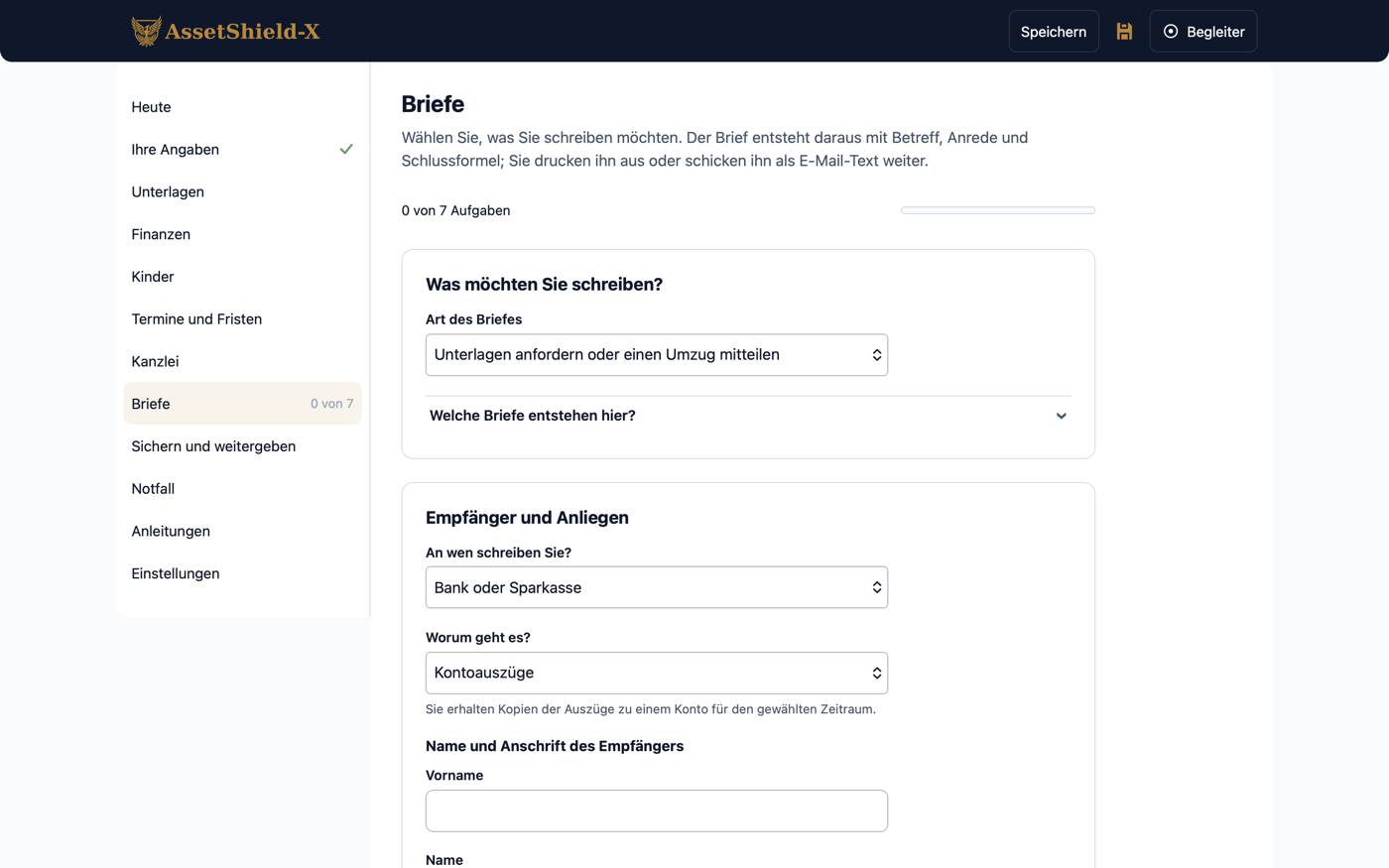 Der Bereich „Briefe“: die Art des Briefes, Empfänger und Anliegen als Auswahl — hier „Bank oder Sparkasse“ und „Kontoauszüge“ — und darunter die Felder für Name und Anschrift.