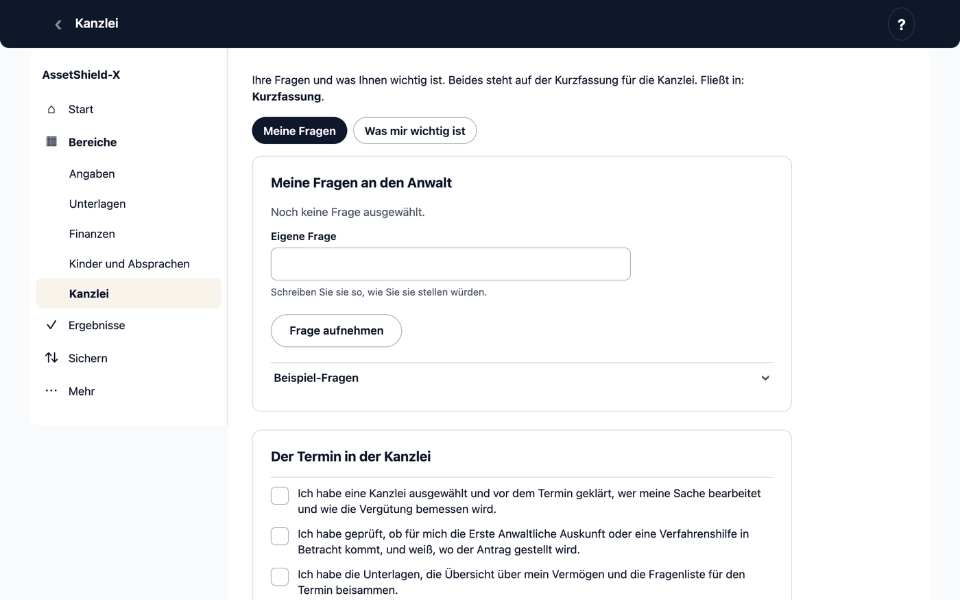 Der Bereich „Kanzlei“ mit dem Reiter „Meine Fragen“: Ihre Fragen für das erste Gespräch.