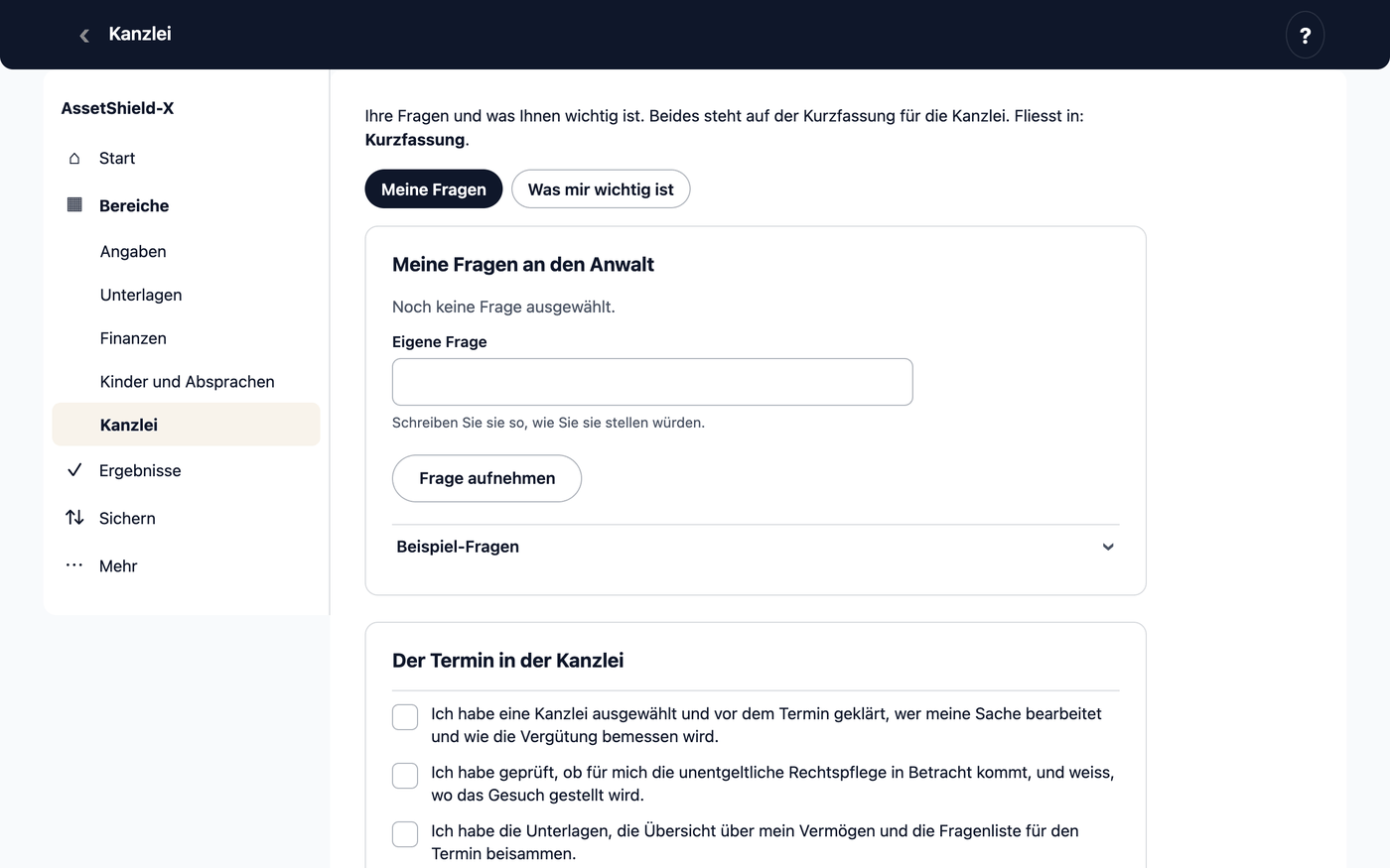 Der Bereich „Kanzlei“ mit dem Reiter „Meine Fragen“: Ihre Fragen für das erste Gespräch.