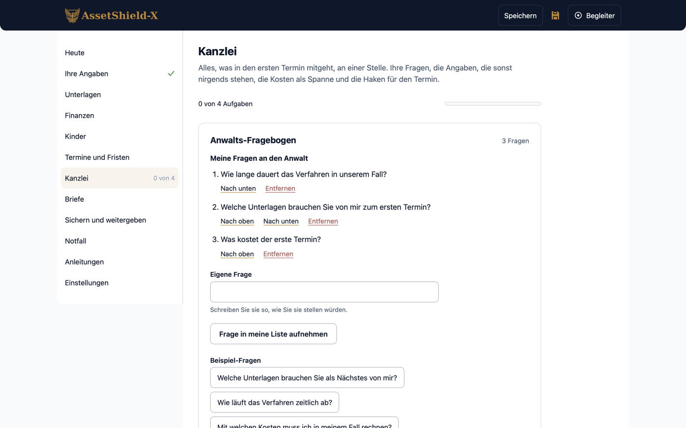 Der Bereich „Kanzlei“ mit dem Anwalts-Fragebogen: drei eigene Fragen an den Anwalt, ein Feld für eine weitere Frage und die Beispiel-Fragen darunter.
