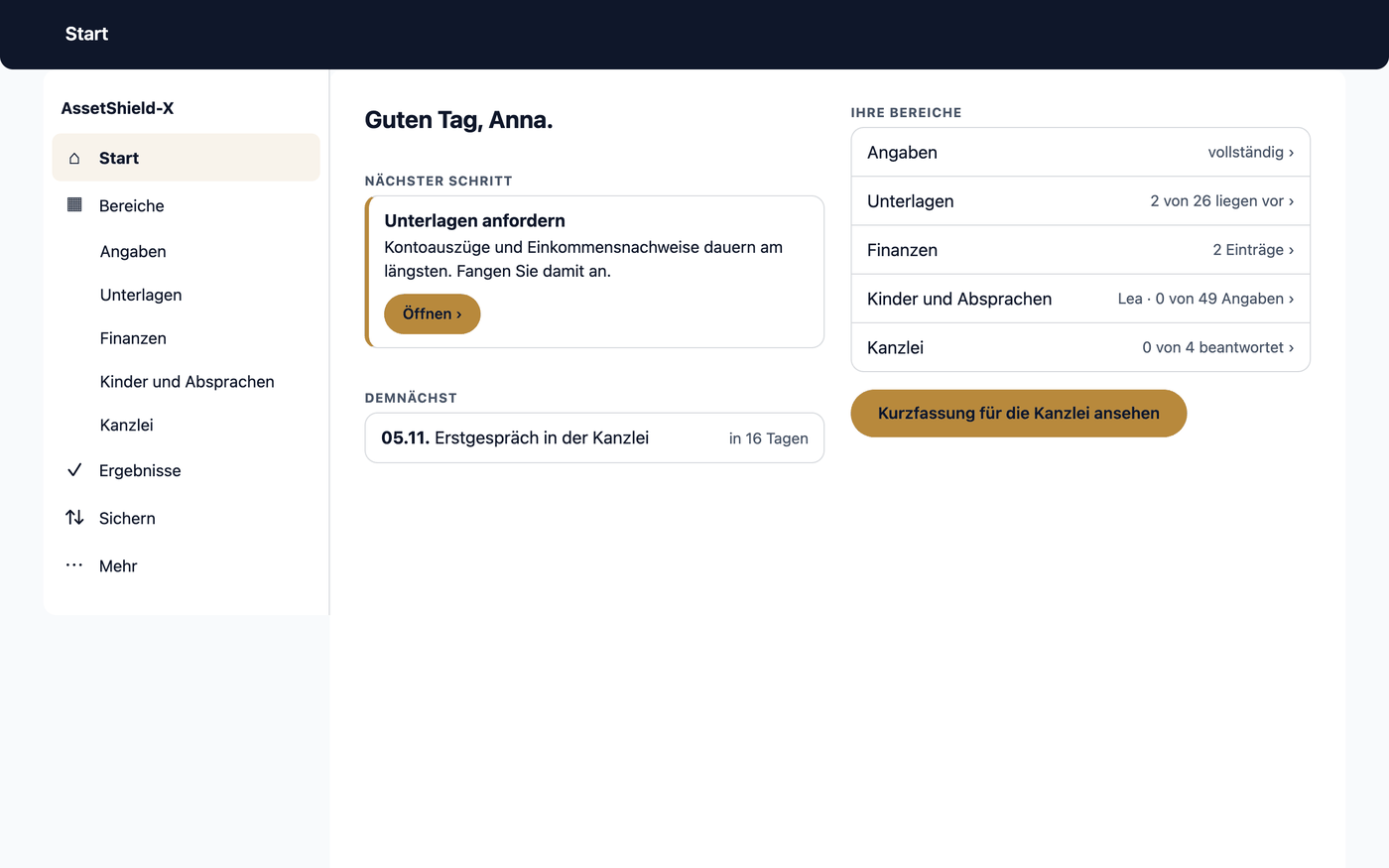 Die Startseite „Start“ am Computer: links die Leiste mit den Bereichen, rechts der nächste Schritt, darunter Ihre Bereiche mit ihrem Stand und der nächste Termin.