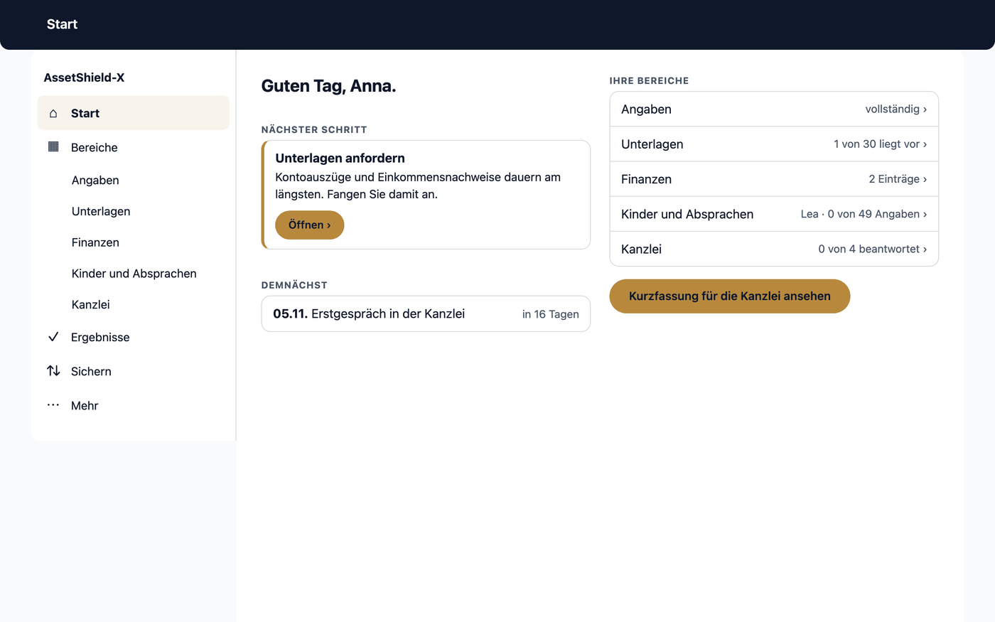 Die Startseite „Start“ am Computer: links die Leiste mit den Bereichen, rechts der nächste Schritt, darunter Ihre Bereiche mit ihrem Stand und der nächste Termin.