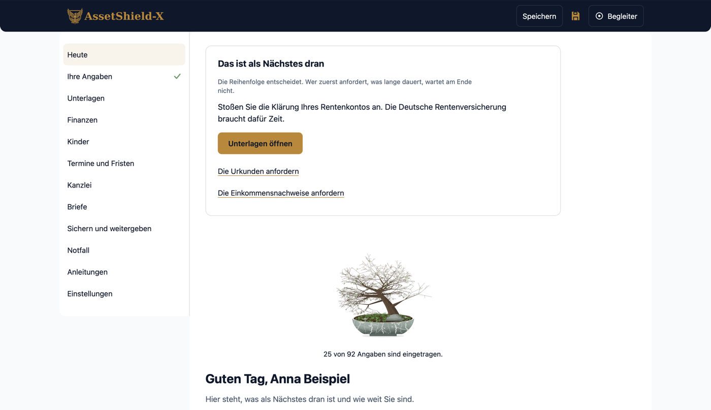 Die Startseite „Heute“ des Programms am Rechner: links die Bereiche, rechts die nächste Handlung mit dem Knopf „Unterlagen öffnen“ und darunter der Bonsai als Bild des Standes.