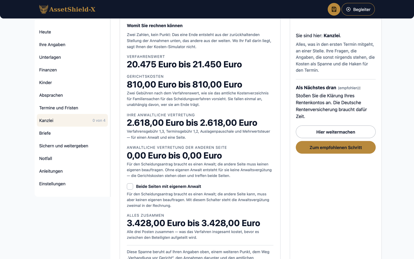 Die Zeile „Kanzlei“ mit dem Kosten-Simulator und seinem Ergebnis: Verfahrenswert, Gerichtskosten, Ihre anwaltliche Vertretung und alles zusammen, je als Spanne in Euro.