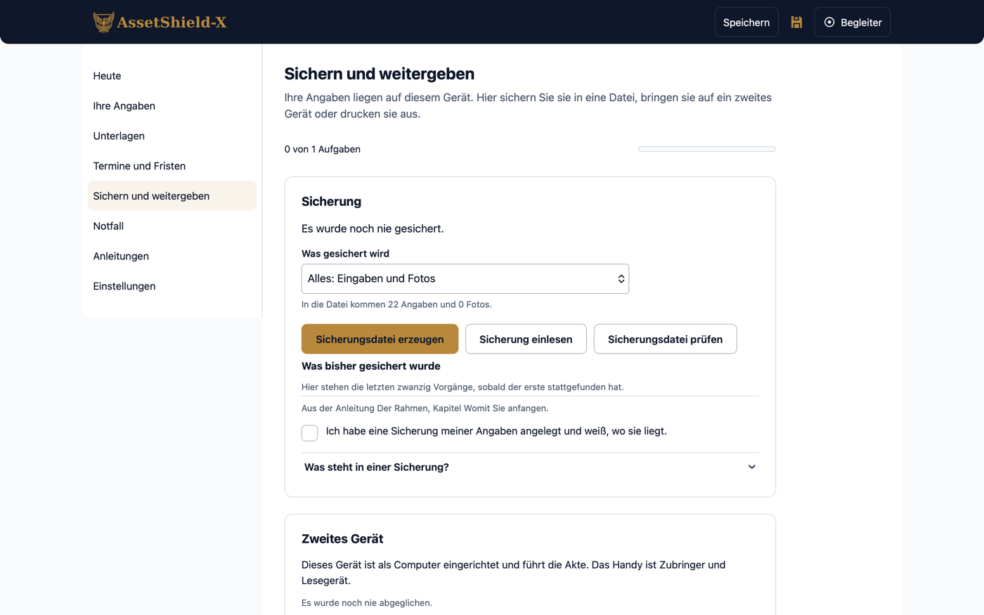 Der Bereich „Sichern und weitergeben“ im Logbuch: die Karte „Sicherung“ mit der Auswahl „Alles: Eingaben und Fotos“ und dem Knopf „Sicherungsdatei erzeugen“, darunter die Karte „Zweites Gerät“.