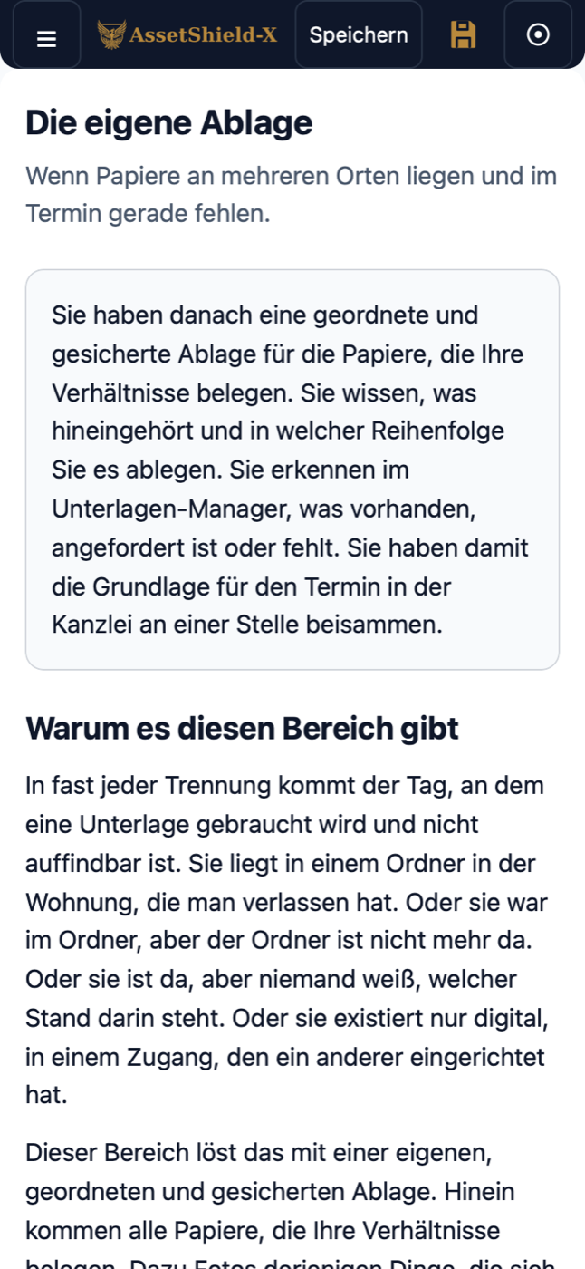 Eine Anleitung am Telefon, hochkant: das Kapitel „Die eigene Ablage“ zum Lesen, mit der Kurzfassung im Kasten und dem Text darunter.