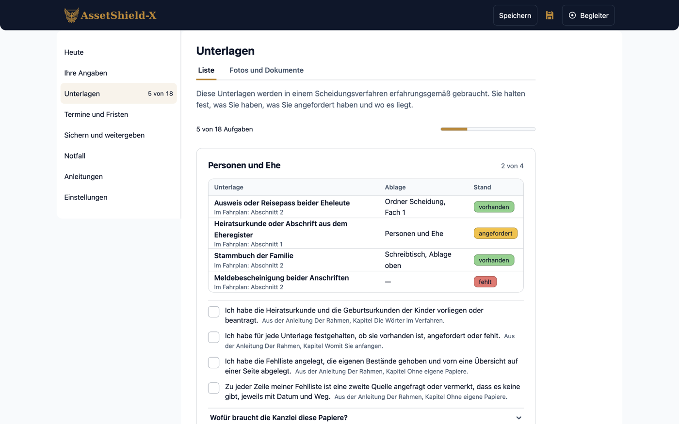 Der Bereich „Unterlagen“ im Logbuch mit der Liste „Personen und Ehe“: je Unterlage die Ablage und der Stand als farbige Marke — vorhanden, angefordert oder fehlt.