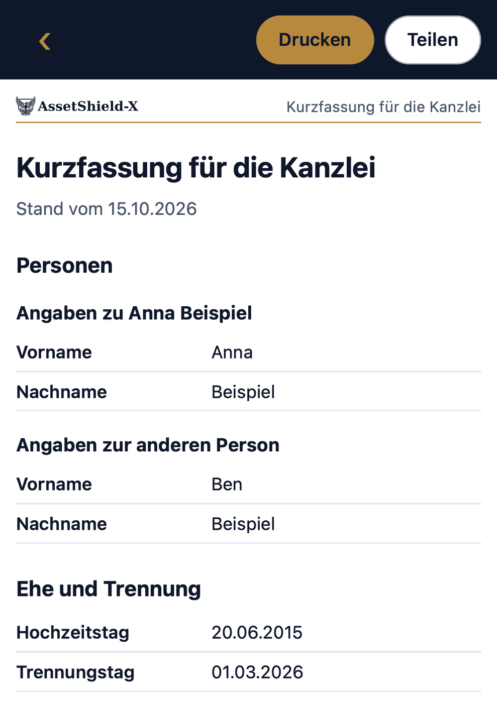Die Kurzfassung für die Kanzlei als Vorschau im Programm, mit den Knöpfen „Drucken“ und „Teilen“.