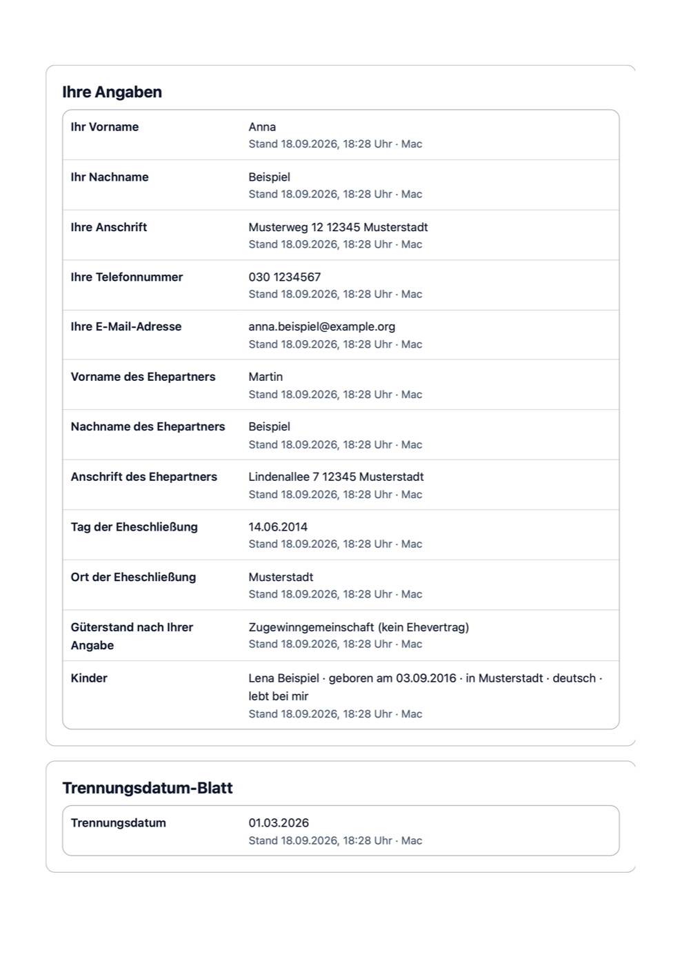 Eine Seite des Ausdrucks aus dem Programm, „Ihre Angaben“: die eingetragenen Angaben untereinander, je mit dem Stand und dem Gerät, auf dem sie zuletzt geändert wurden.