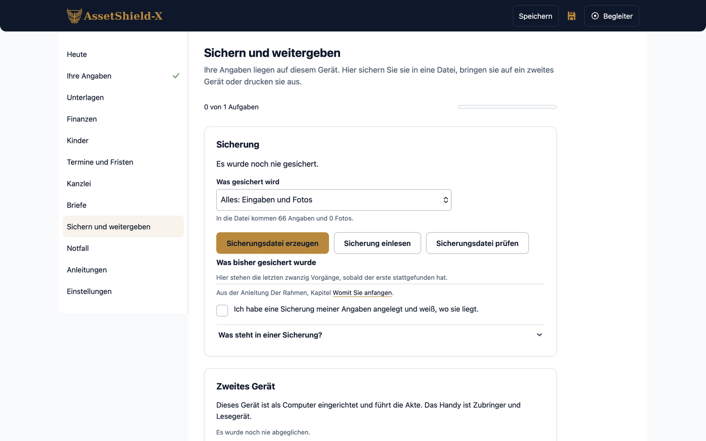 Der Bereich „Sichern und weitergeben“: die Karte „Sicherung“ mit der Auswahl „Alles: Eingaben und Fotos“ und dem Knopf „Sicherungsdatei erzeugen“, darunter die Karte „Zweites Gerät“.