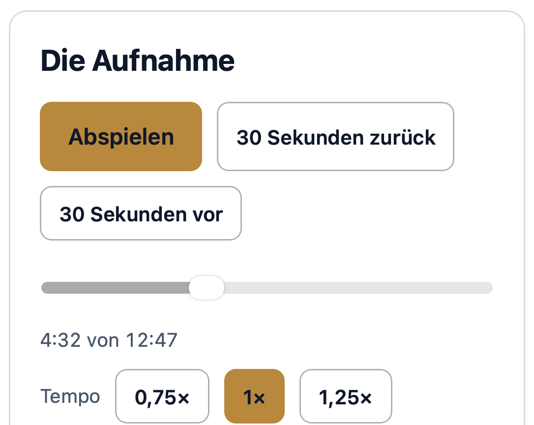 Der Abspieler einer Anleitung im Programm: der Knopf „Abspielen“, dreißig Sekunden zurück und vor, die Laufleiste bei 4:32 von 12:47 und die Tempowahl.