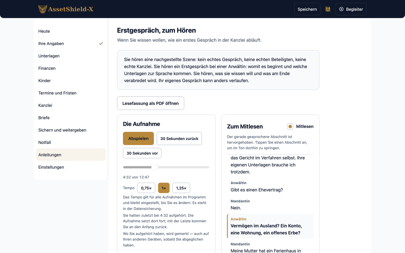 Die Kapitelseite „Erstgespräch, zum Hören“ im Programm: links die Karte „Die Aufnahme“ mit dem Abspieler bei 4:32 von 12:47, rechts der Text zum Mitlesen mit dem hervorgehobenen Absatz.