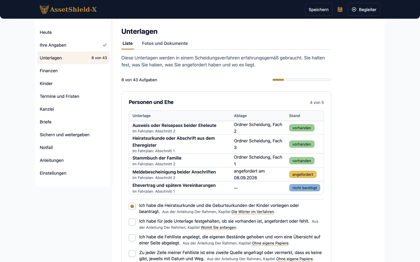 Der Bereich „Unterlagen“ mit der Liste „Personen und Ehe“: je Unterlage die Ablage und der Stand als farbige Marke — vorhanden, angefordert oder nicht benötigt.
