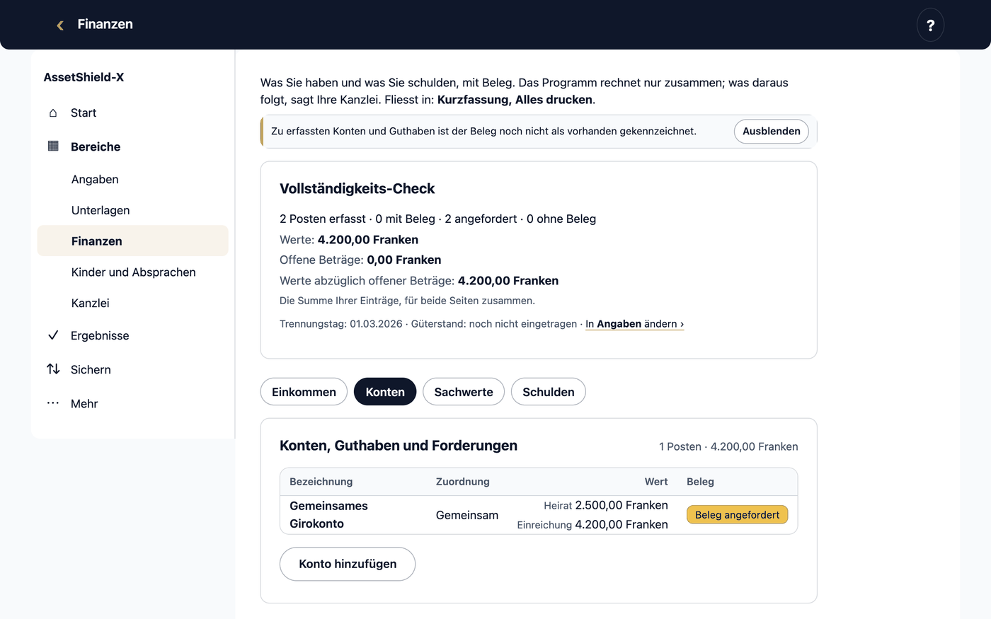 Der Bereich „Finanzen“ mit dem Reiter „Konten“: je Eintrag Zuordnung, Wert und Beleg, oben die Übersicht.