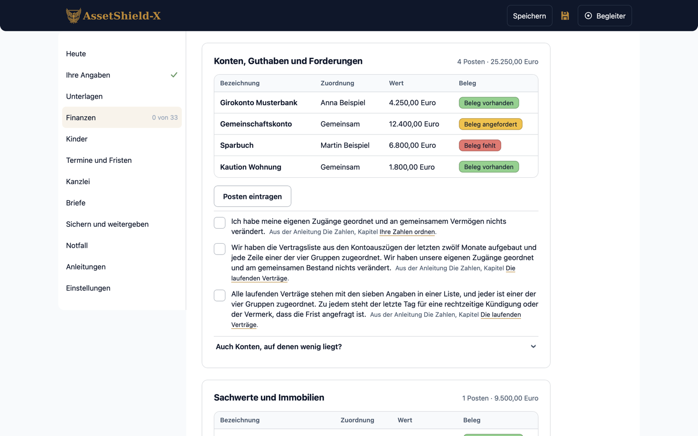 Der Bereich „Finanzen“: die Karte „Konten, Guthaben und Forderungen“ mit vier Posten, je mit Zuordnung, Wert und Belegstand, und der Summe „4 Posten · 25.250,00 Euro“ in der Kopfzeile.