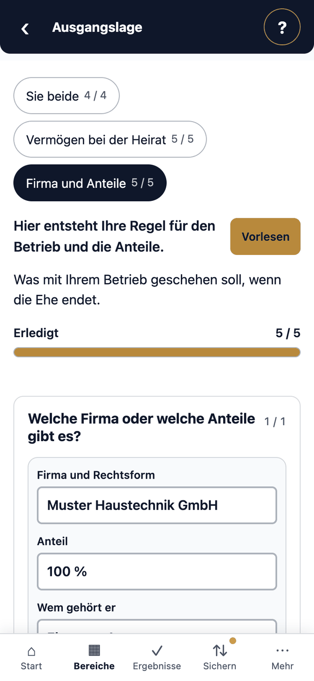 Firma und Anteile · Welche Firma oder welche Anteile gibt es? · Muster Haustechnik GmbH