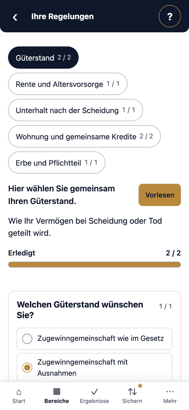 Güterstand · Welchen Güterstand wünschen Sie? · Zugewinngemeinschaft mit Ausnahmen