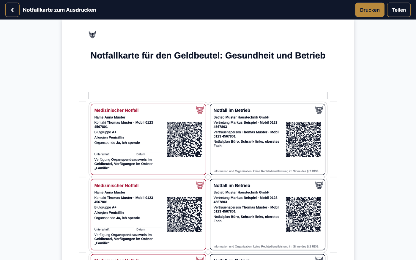 Notfallkarte zum Ausdrucken · Notfallkarte für den Geldbeutel: Gesundheit und Betrieb · Medizinischer Notfall · Notfall im Betrieb