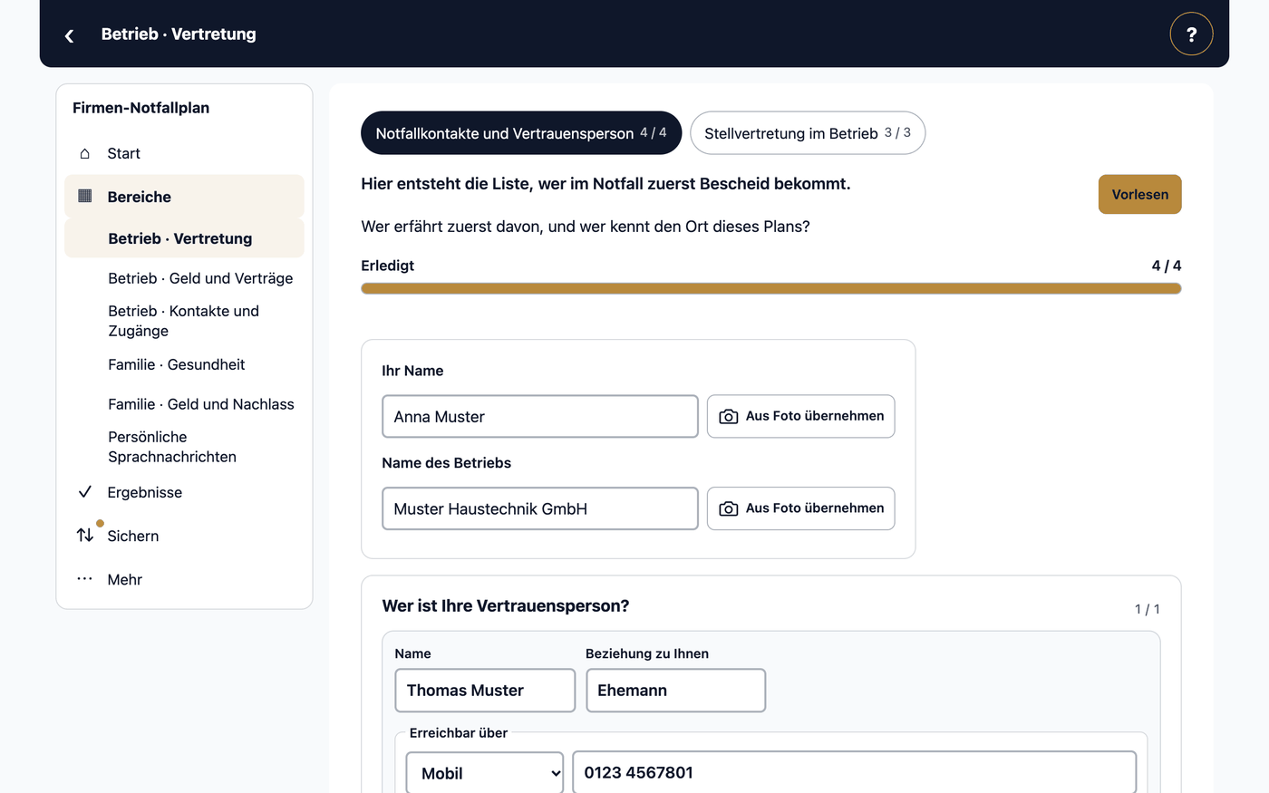 Firmen-Notfallplan · Betrieb · Vertretung · Notfallkontakte und Vertrauensperson · Wer ist Ihre Vertrauensperson? · Erreichbar über