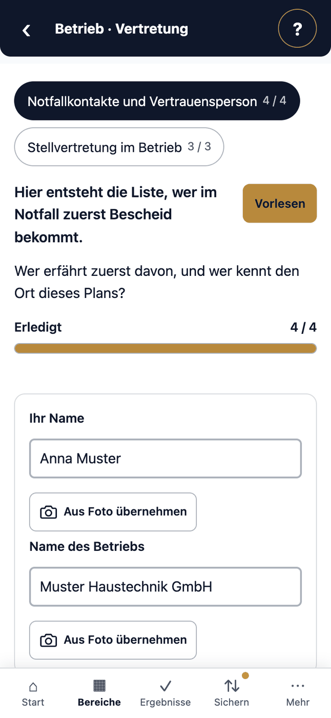 Betrieb · Vertretung · Notfallkontakte und Vertrauensperson · Wer erfährt zuerst davon, und wer kennt den Ort dieses Plans?