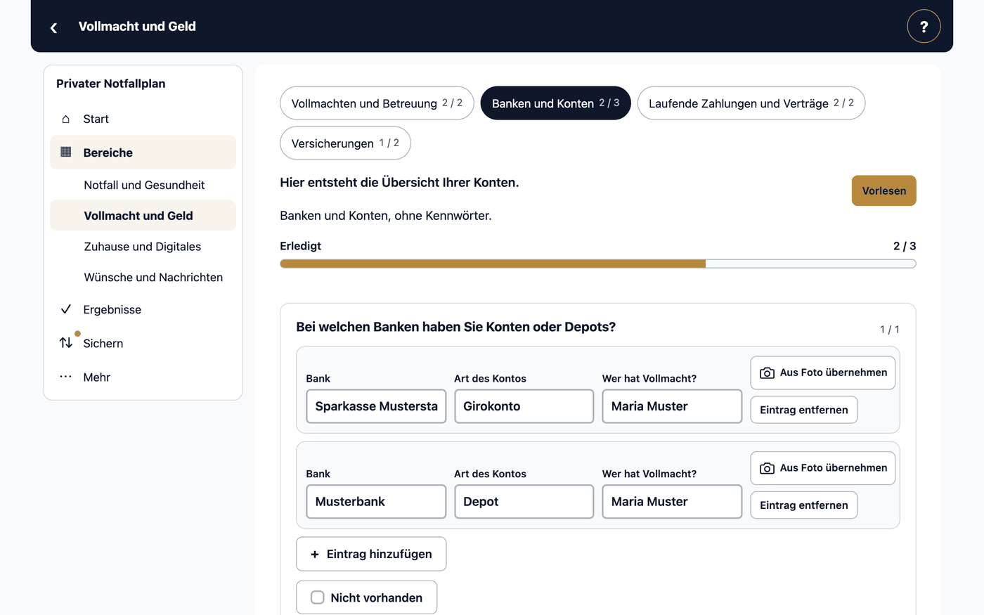 Banken und Konten · Bei welchen Banken haben Sie Konten oder Depots? · Girokonto · Depot