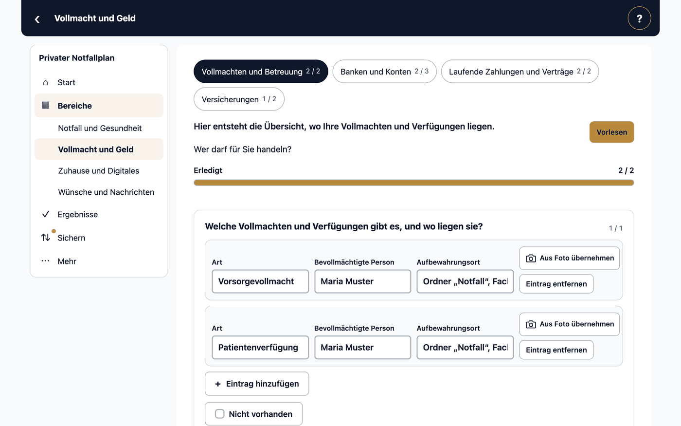 Vollmachten und Verfügungen · Vorsorgevollmacht · Patientenverfügung
