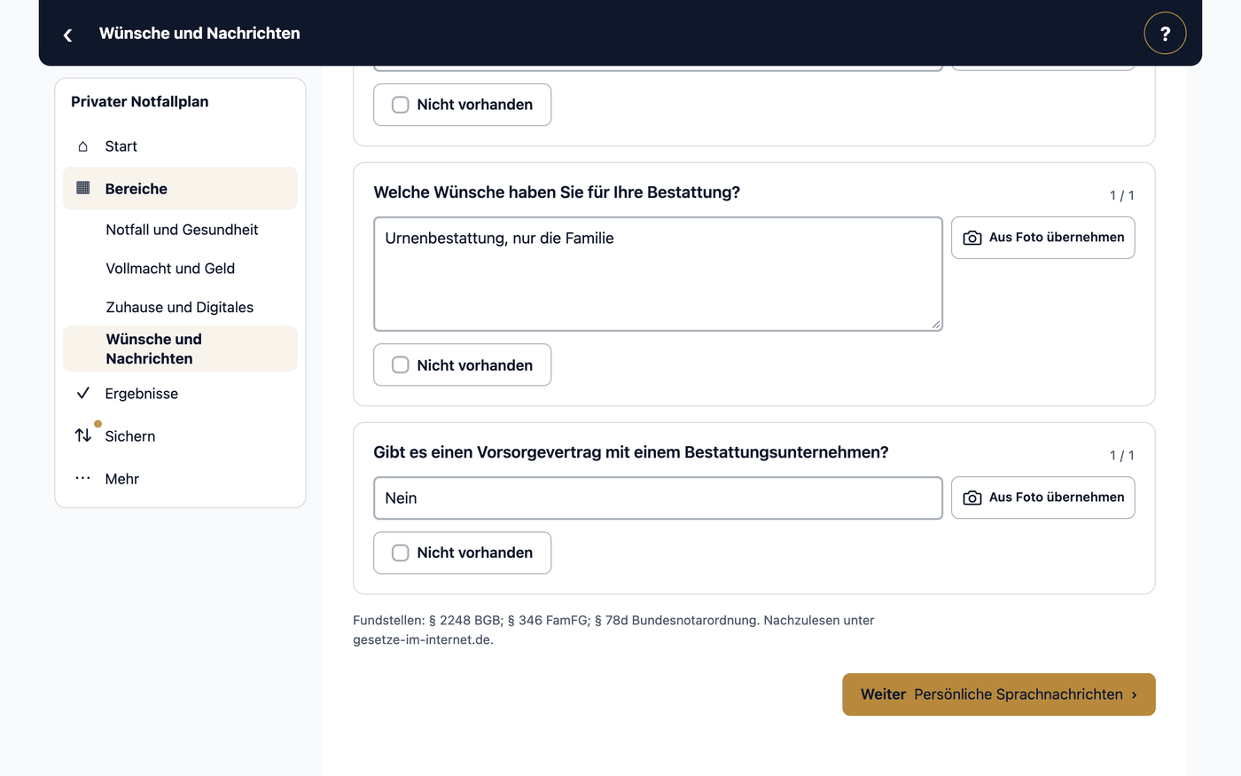 Privater Notfallplan · Wünsche und Nachrichten · Welche Wünsche haben Sie für Ihre Bestattung?